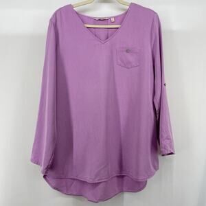 Soft Surroundings Size Medium V-Neck Rolled Tab Long Sleeve Pullover Solid Basic